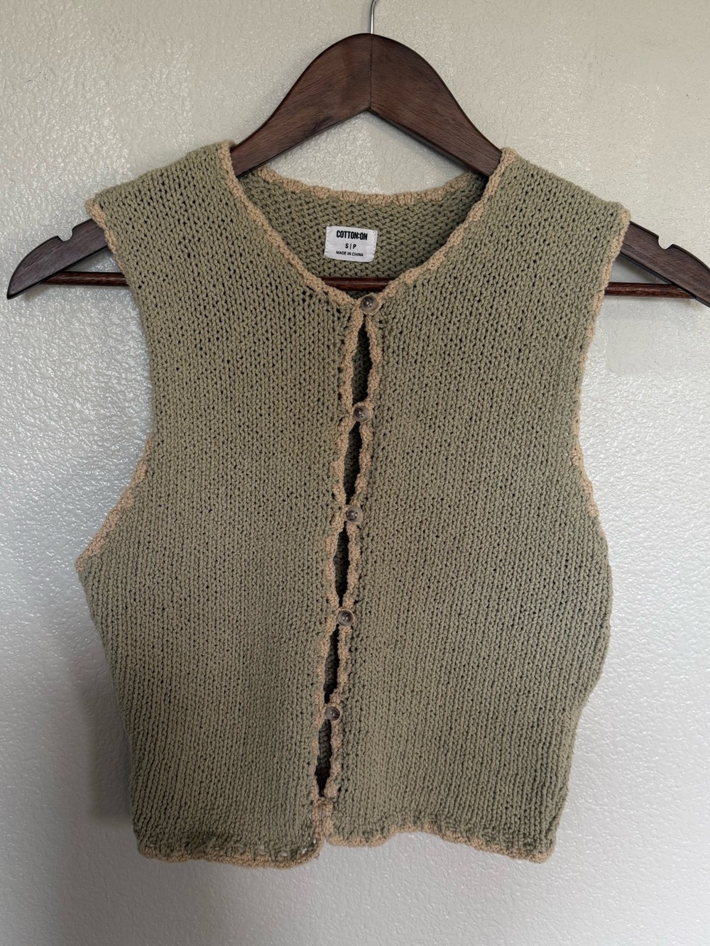 π Cotton On Sage Green Knit Vest Cream Crochet Trim Cottagecore Fall Cardigan - Picture 2 of 4